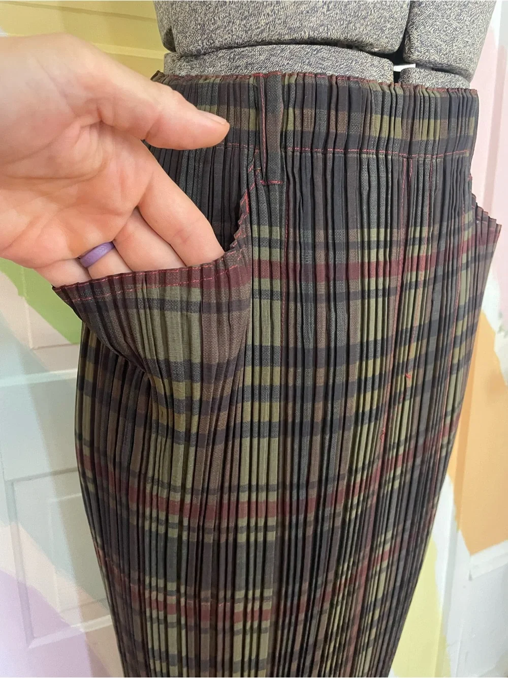 Issey Miyake Pleated Plaid Maxi Skirt Contrast Stitching Japan Sz L 🧡🎀